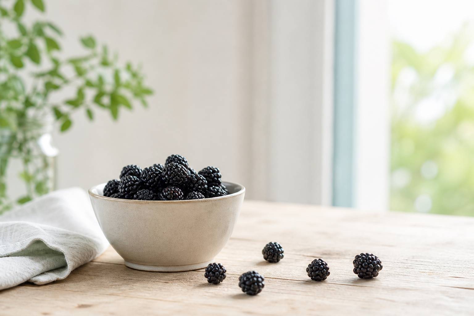 Bol de mûres fraîches avec quelques fruits éparpillés sur table en bois