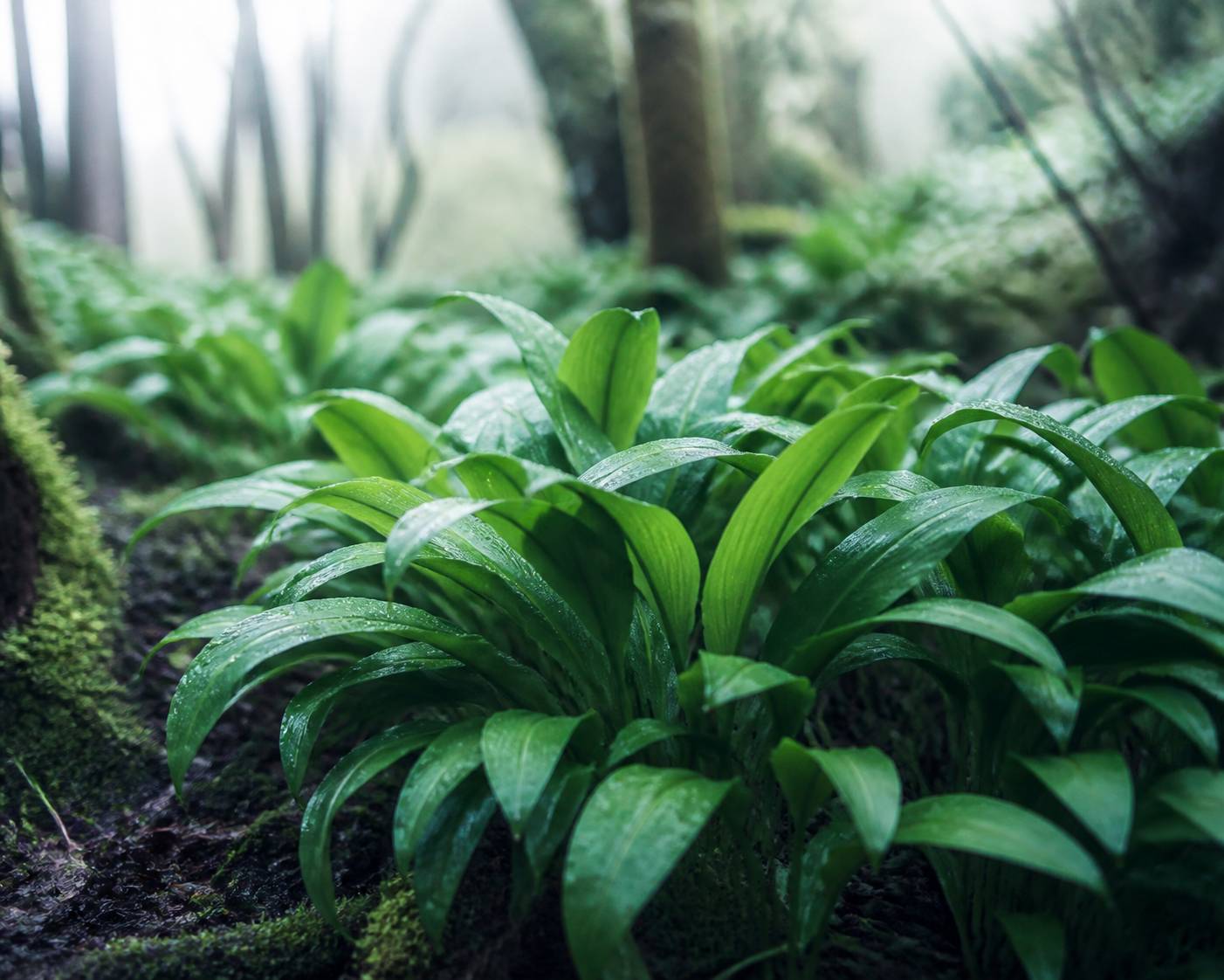 Touffe de feuilles d'ail des ours vert brillant dans un sous-bois printanier à la lumière douce