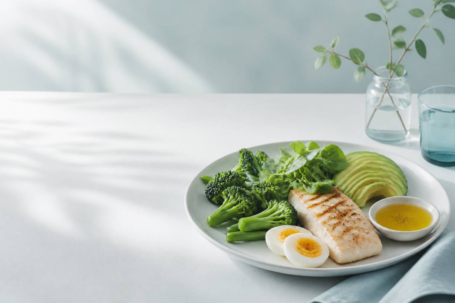 Aliments du régime cétogène sur une table claire : avocats, légumes verts, poisson et œufs