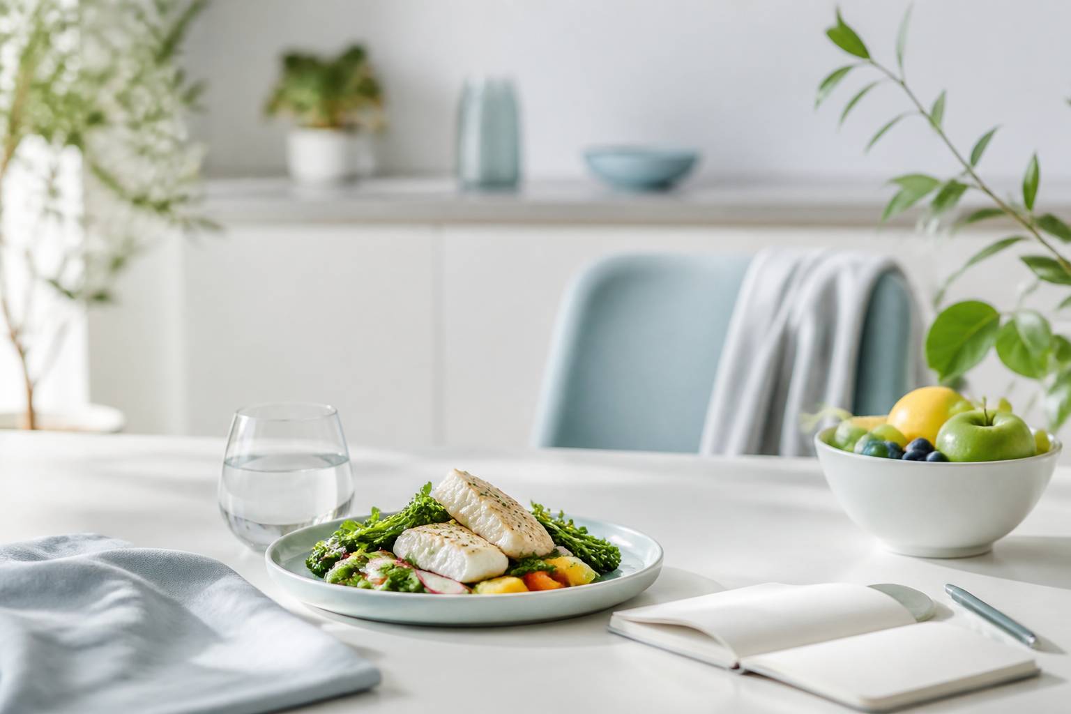 Assiette de légumes colorés et poisson sur une table claire
