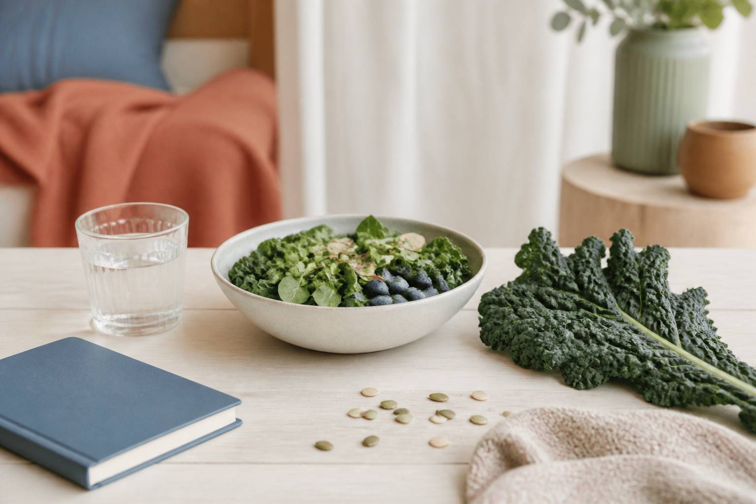 Bol de légumes verts et baies avec graines sur table en bois