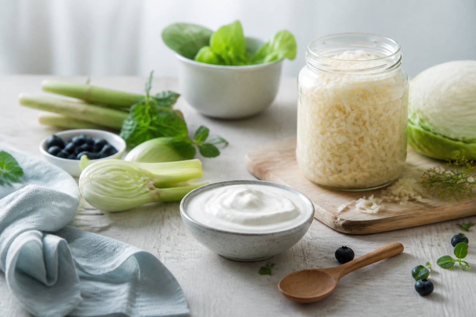 Composition d'aliments fermentés sains avec yaourt, choucroute et légumes frais