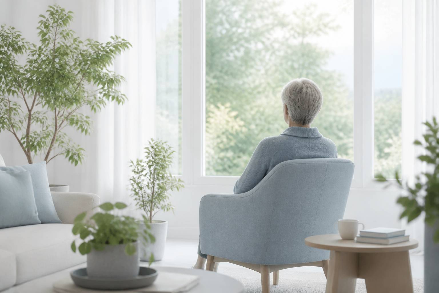 Personne âgée de dos près d'une fenêtre lumineuse dans un salon apaisant