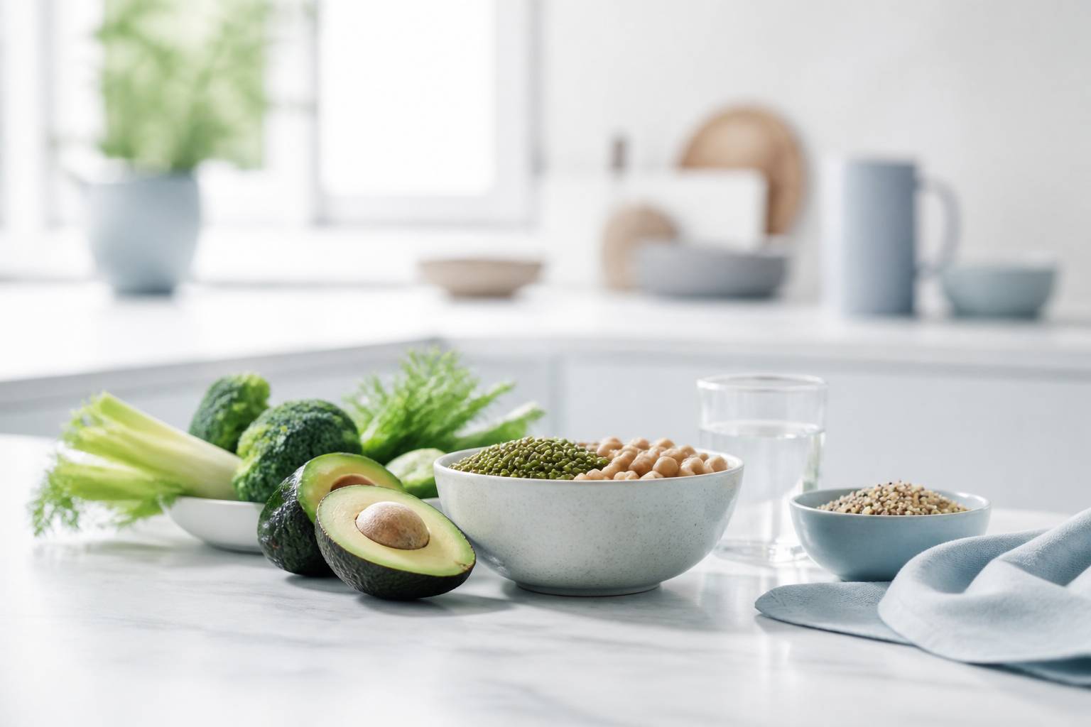 Bol de légumineuses et légumes frais sur une table claire