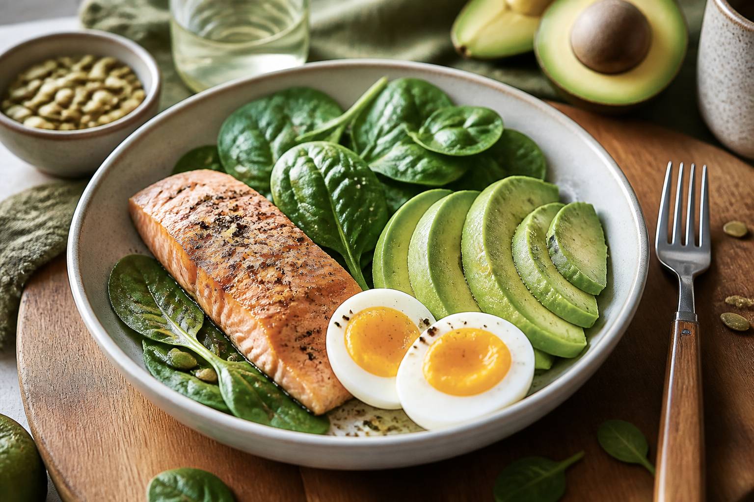 Assiette cétogène avec saumon, avocat, œuf et épinards