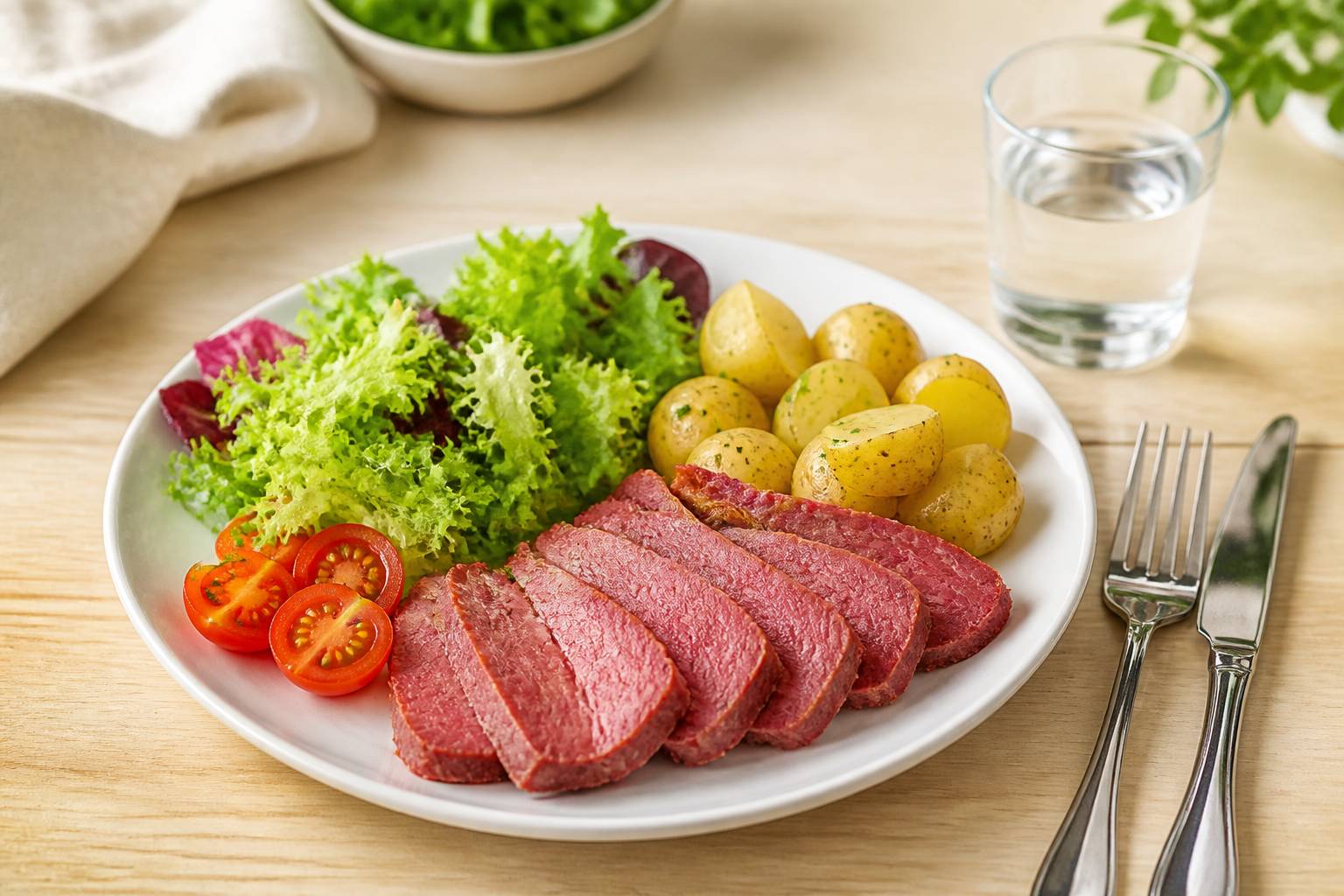 Assiette composée de corned-beef avec salade verte croquante, tomates cerises et pommes de terre