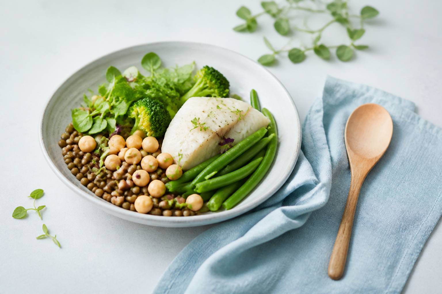 Assiette de lentilles, pois chiches et poisson avec légumes verts
