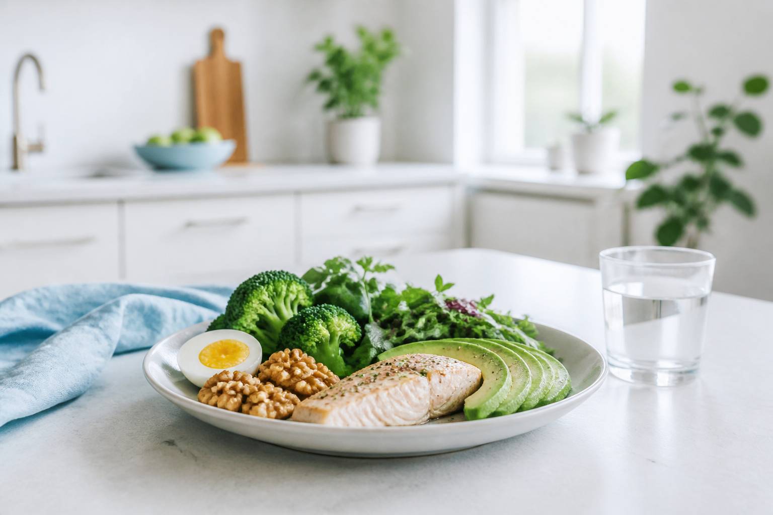 Assiette équilibrée avec légumes verts, poisson et avocats sur table claire