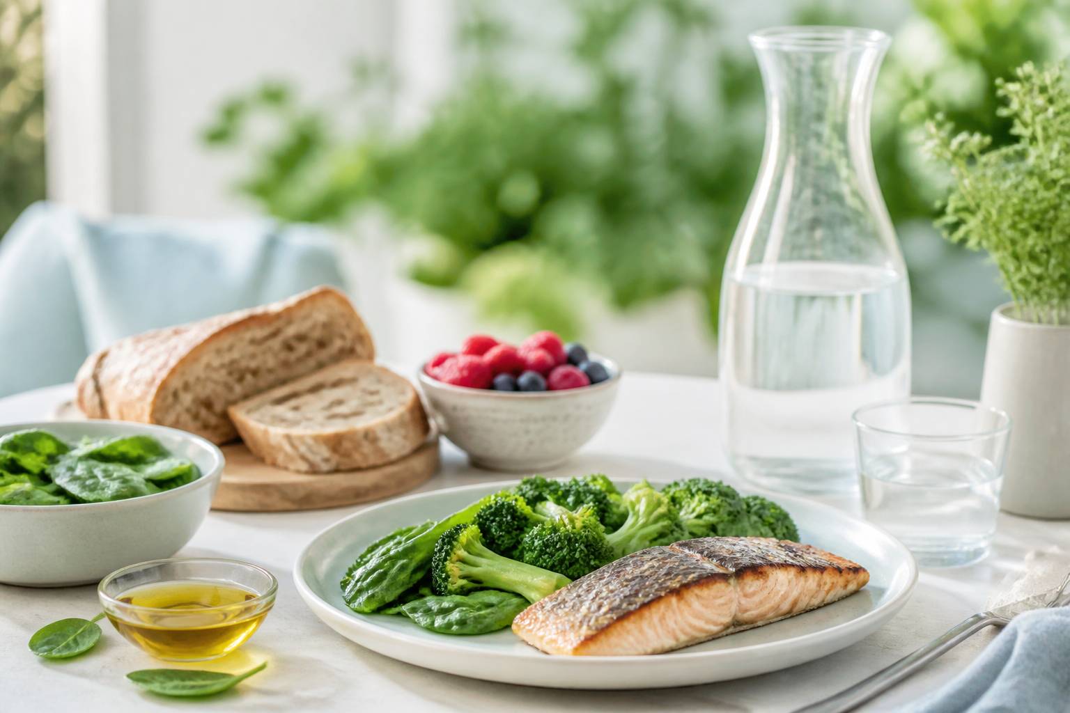 Table lumineuse avec assiette de poisson gras grillé, légumes verts vapeur et bol d'huile d'olive