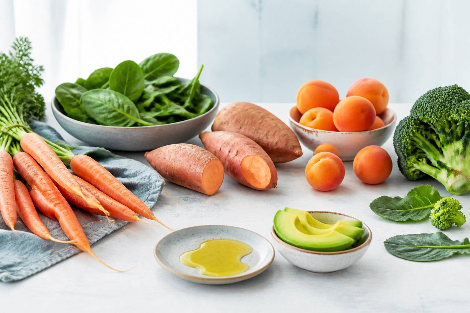 Carottes, patates douces et épinards frais