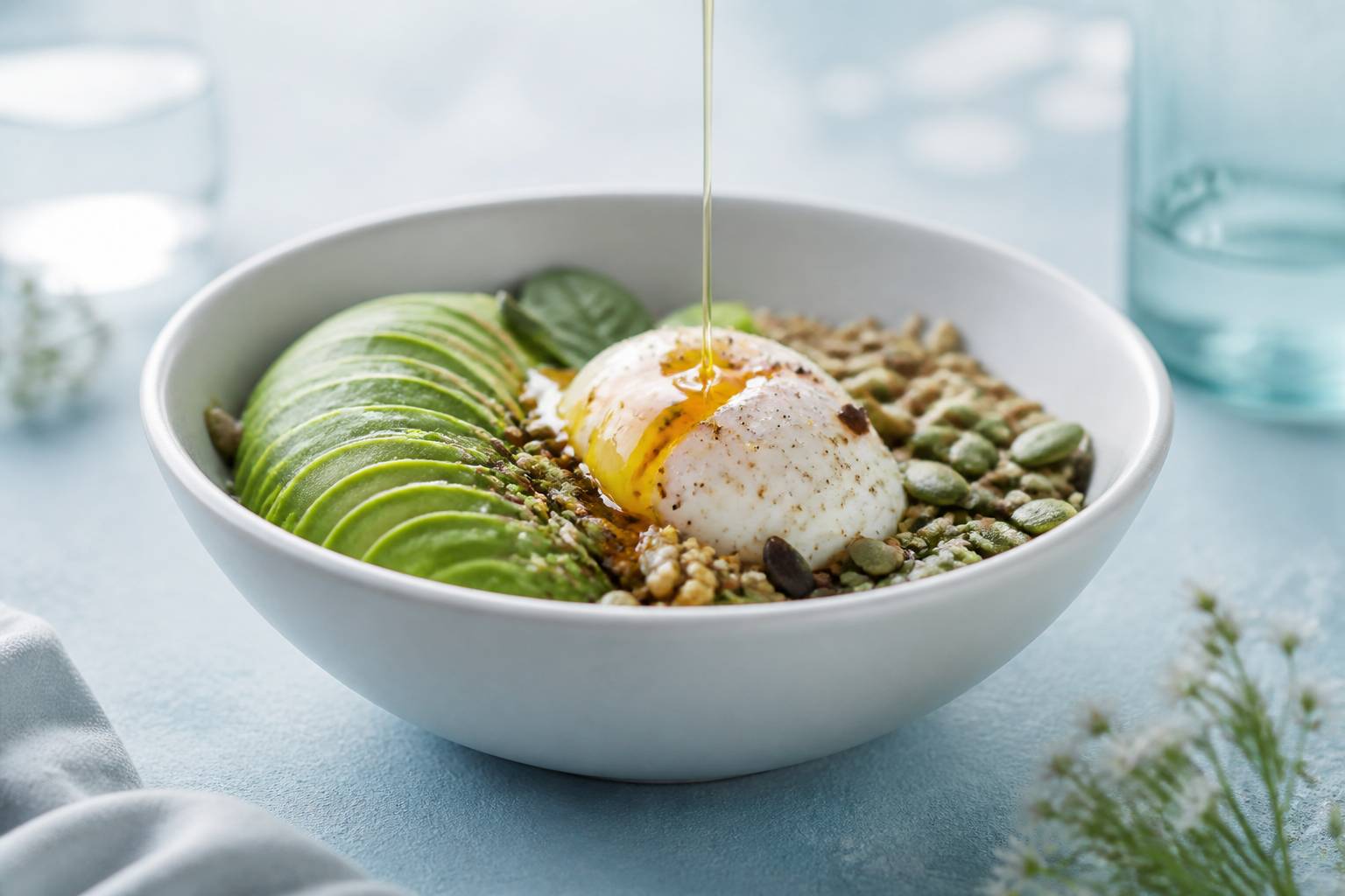 Bol d'avocat en tranches avec oeuf, graines et filet d'huile d'olive