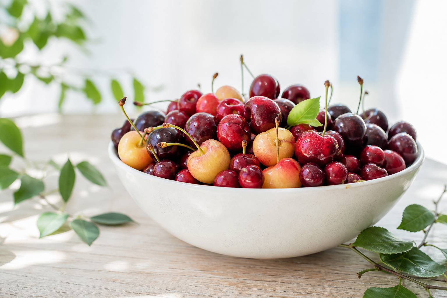 Bol en céramique blanche rempli de différentes variétés de cerises sur une table en bois clair