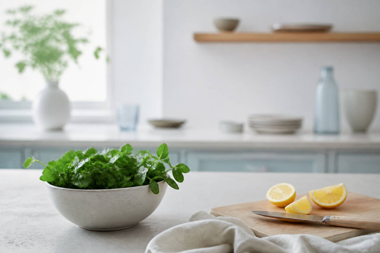 Bol de cresson frais avec citron dans une cuisine claire et lumineuse