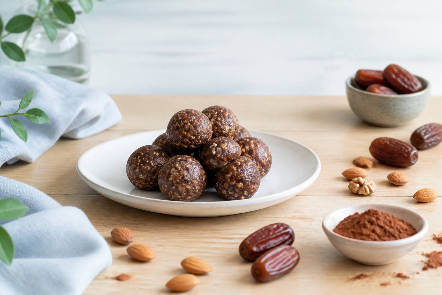 Boules d'énergie aux dattes, amandes et cacao sur une assiette claire