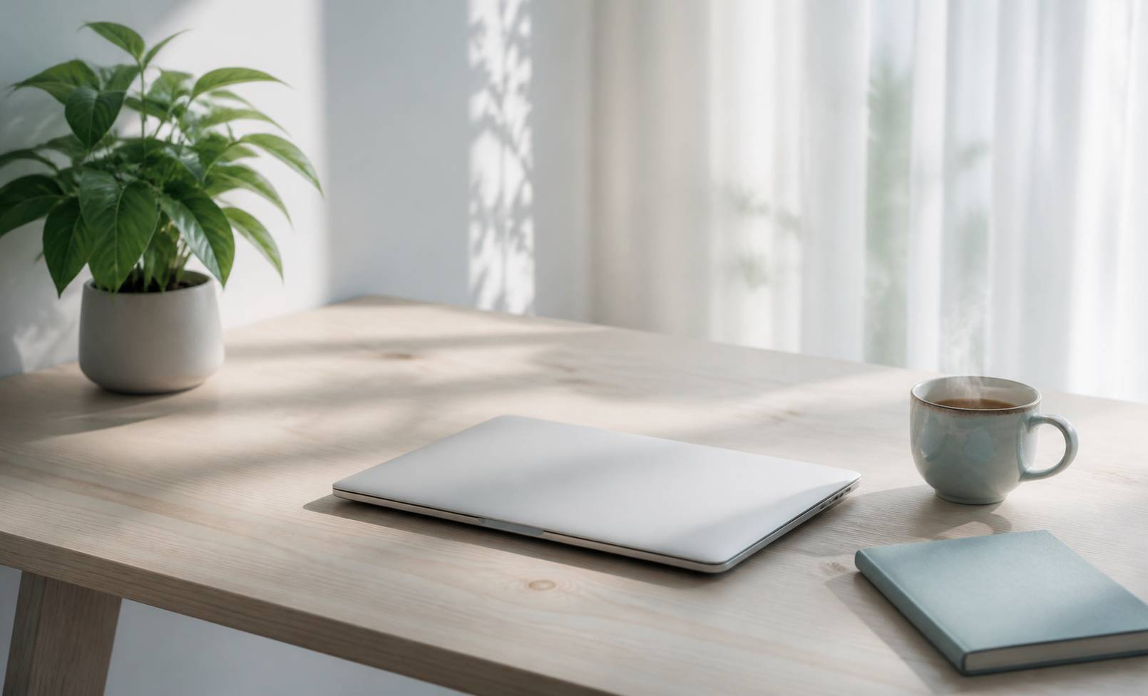 Bureau ordonné avec ordinateur portable, tasse de thé et plante verte dans une lumière apaisante