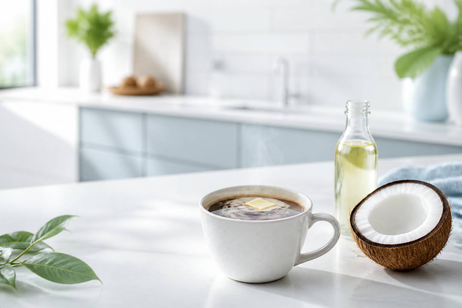 Tasse de café fumante avec beurre fondant et noix de coco ouverte sur plan de travail
