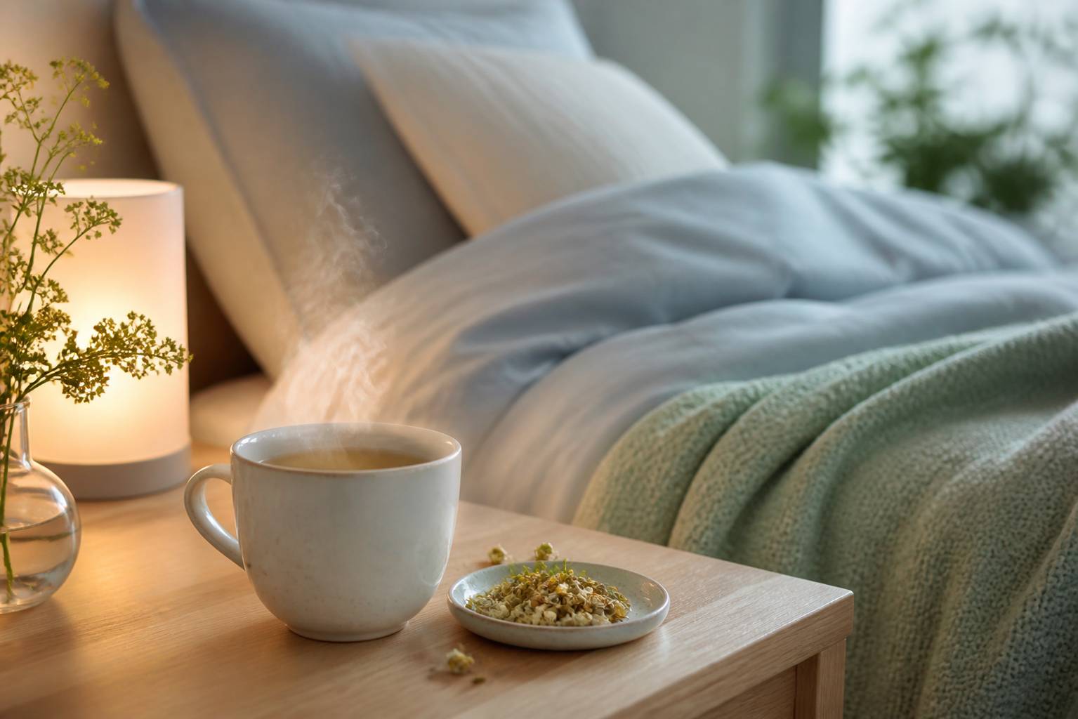 Tasse de camomille fumante sur une table de nuit avec fleurs séchées