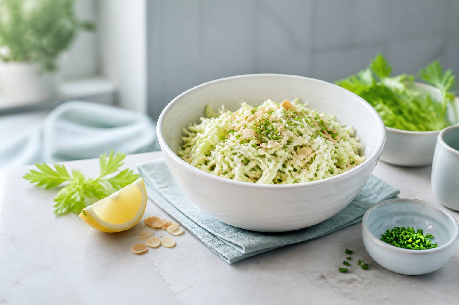 Bol de céleri rémoulade crémeux garni d'amandes effilées et de ciboulette