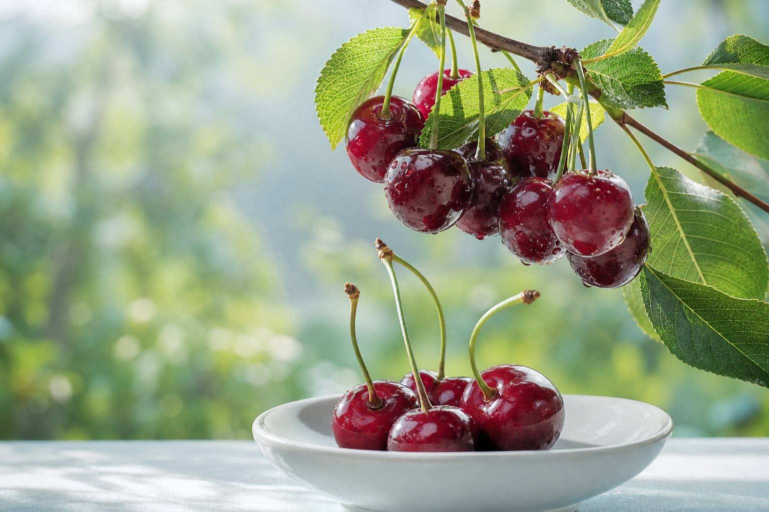 Cerises rouge sombre accrochées à une branche avec quelques fruits détachés sur une soucoupe