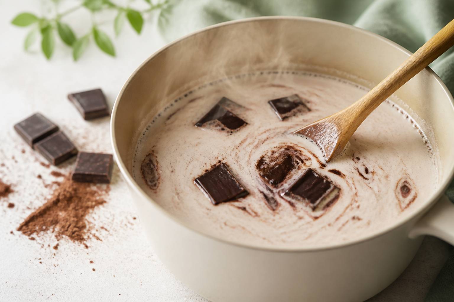 Carrés de chocolat fondant dans une casserole de lait chaud