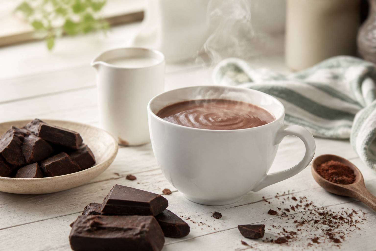 Grande tasse de chocolat chaud fumante avec du chocolat noir