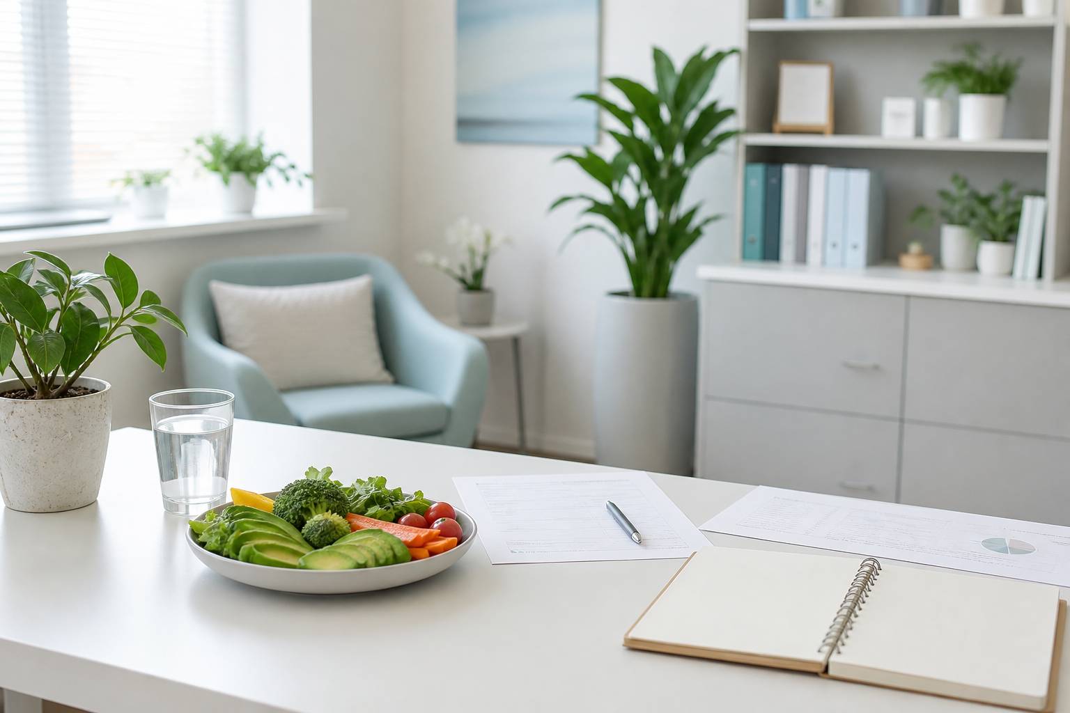 Bureau de consultation nutritionnelle avec des documents et une assiette équilibrée de légumes et avocats