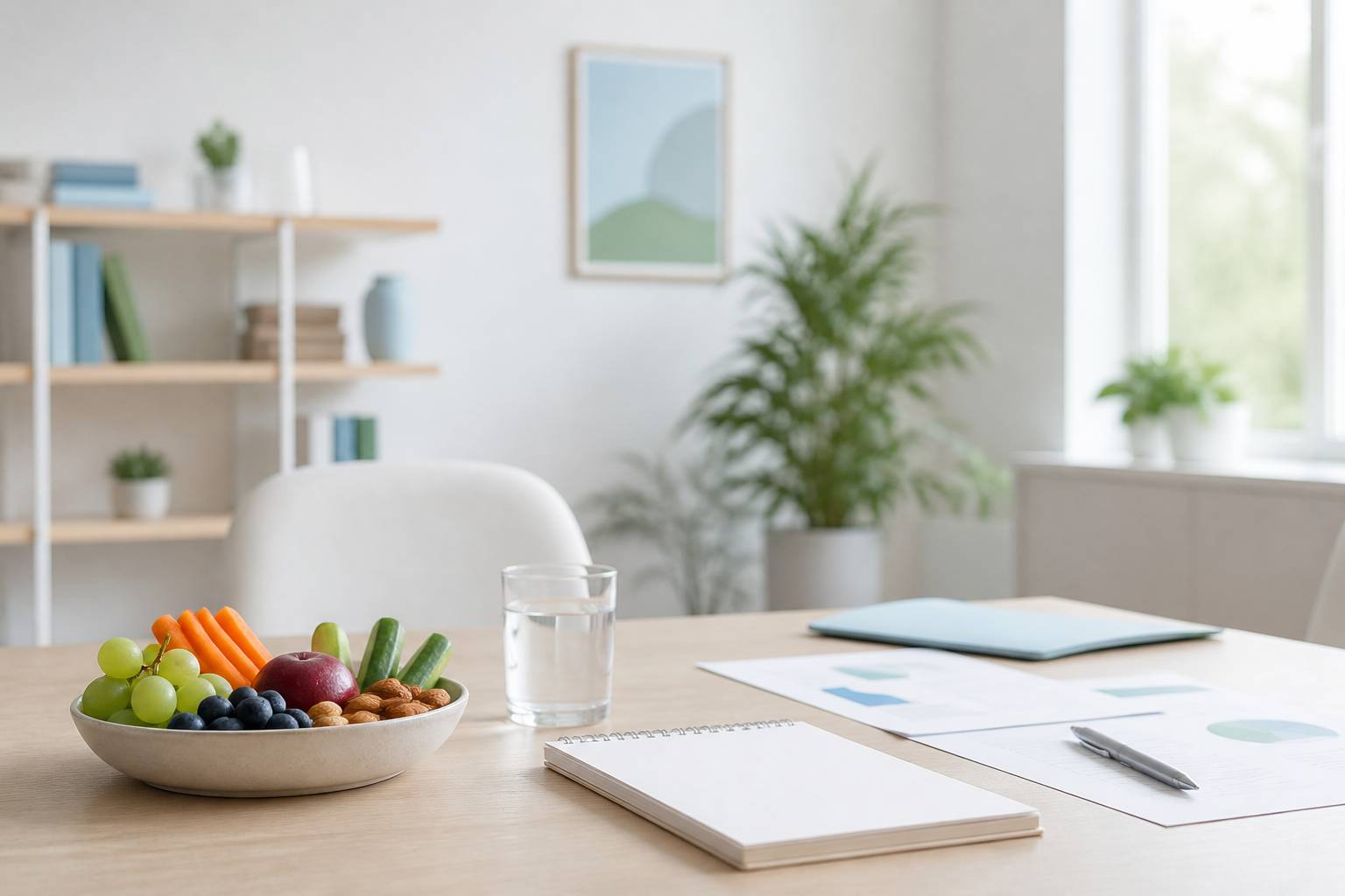 Bureau de consultation nutritionnelle avec documents et aliments sains