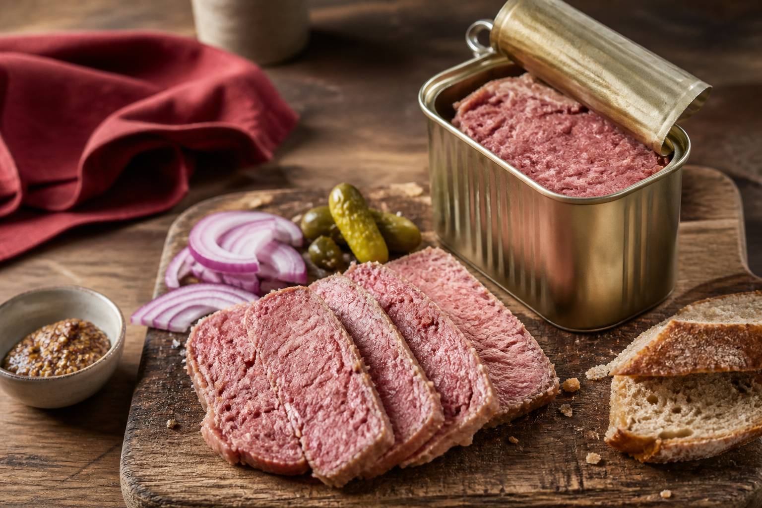 Boîte de corned-beef ouverte avec tranches de bœuf pressé, oignons rouges et cornichons sur planche en bois