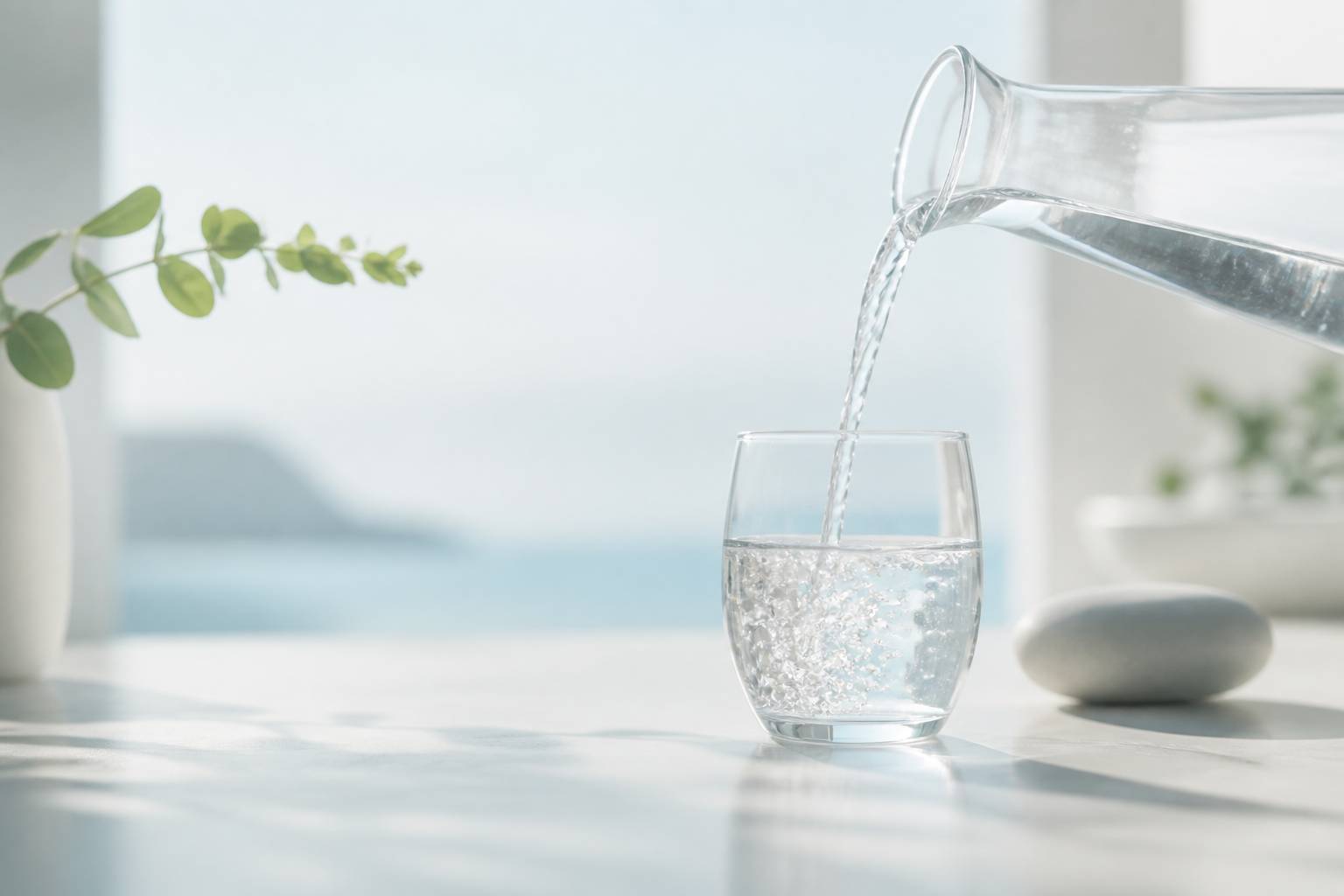 Carafe en verre versant de l'eau claire dans un verre sur un plan de travail lumineux
