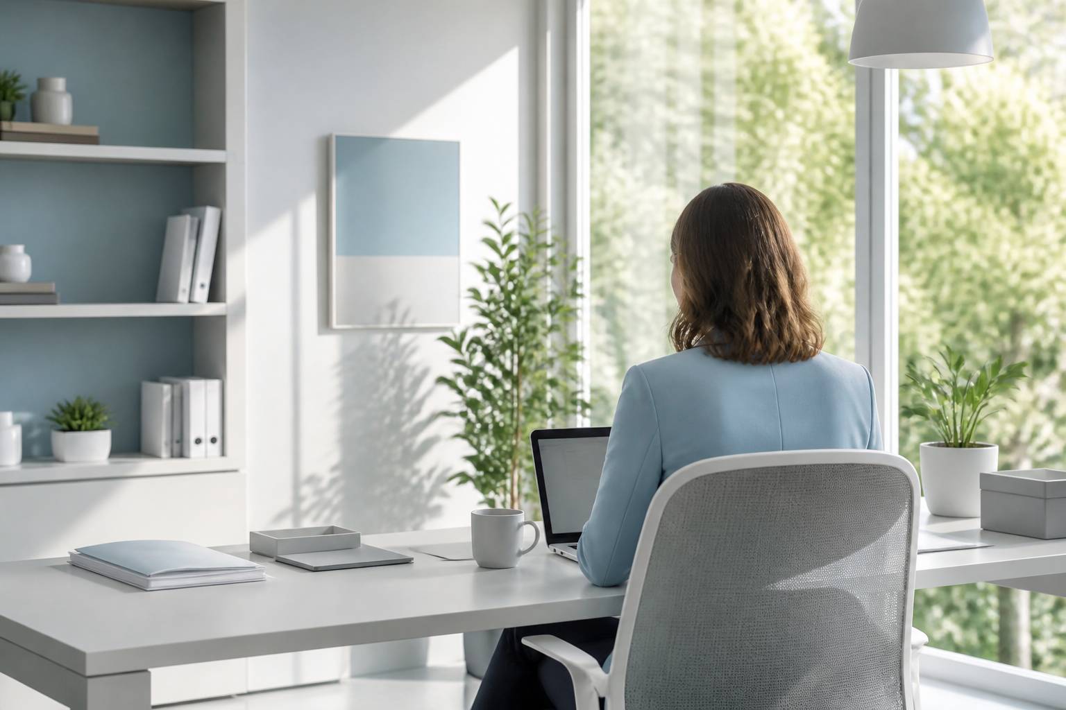 Personne vue de dos assise à un bureau près d'une fenêtre lumineuse, ambiance calme