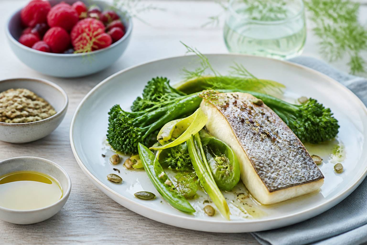 Assiette de légumes verts vapeur avec filet de poisson gras, huile d'olive et graines