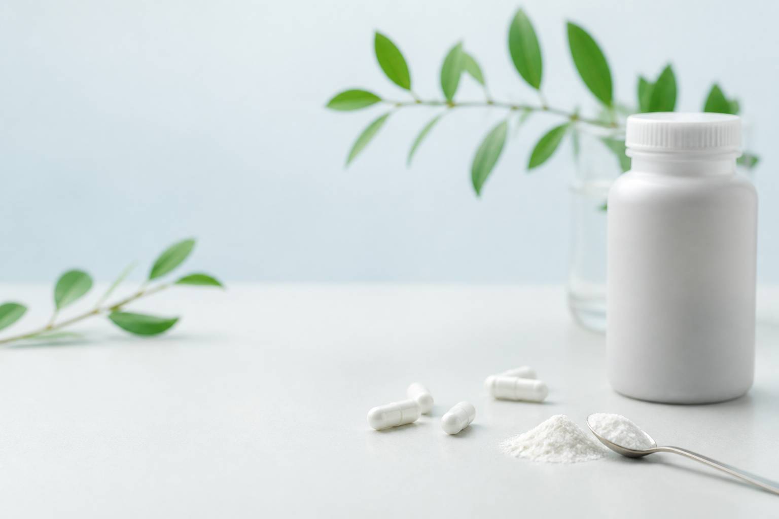 Gélules blanches génériques et poudre fine sur un fond clair avec une petite cuillère