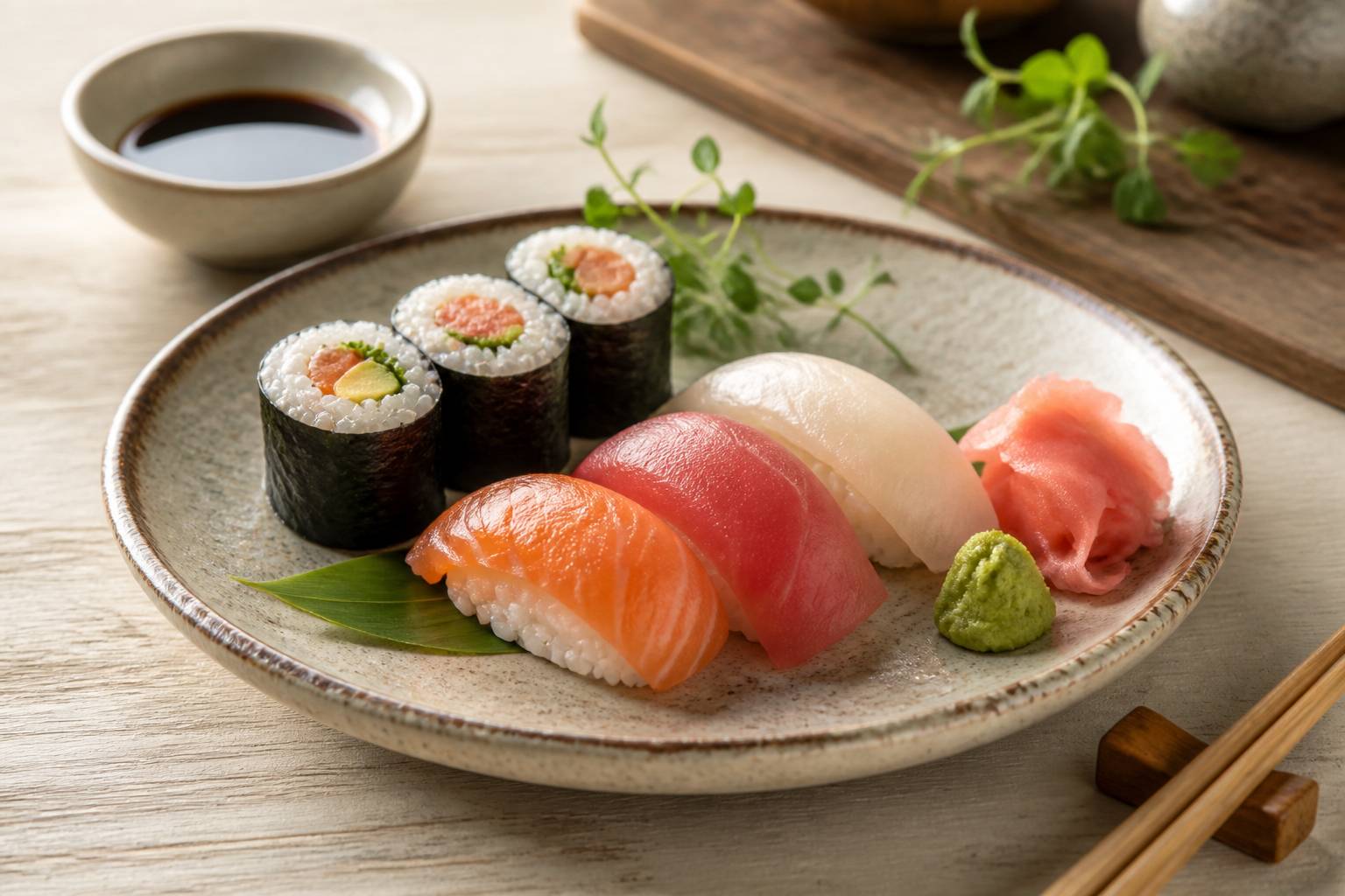Assiette de sushis avec gingembre mariné rose pâle et baguettes en bois