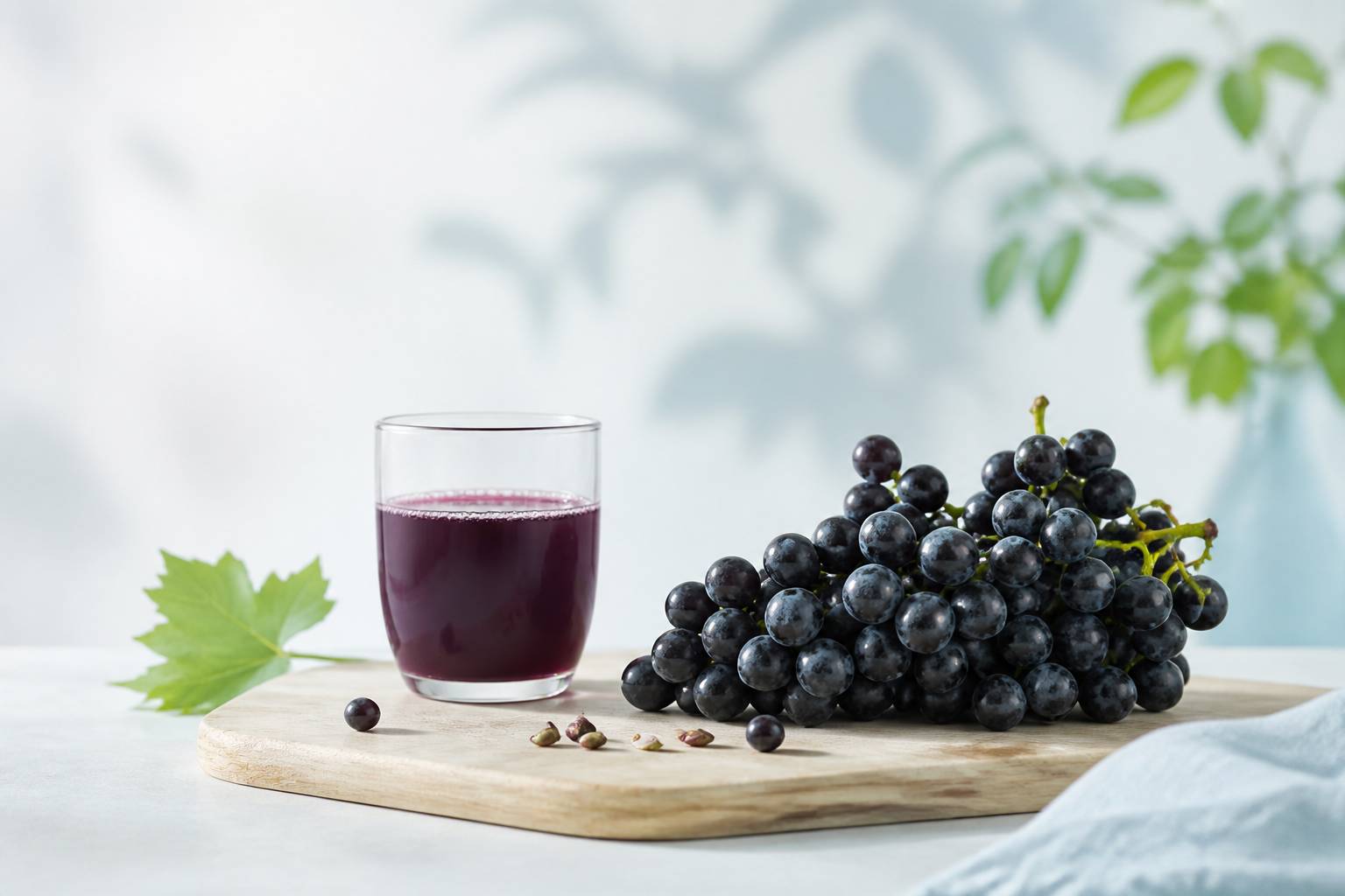 Grappe de raisin noir et verre de jus pourpre sur une planche en bois clair