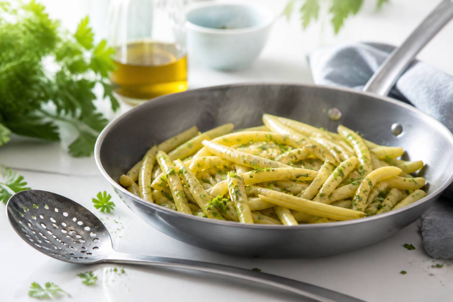 Haricots beurre sautés à la poêle avec huile d'olive et herbes