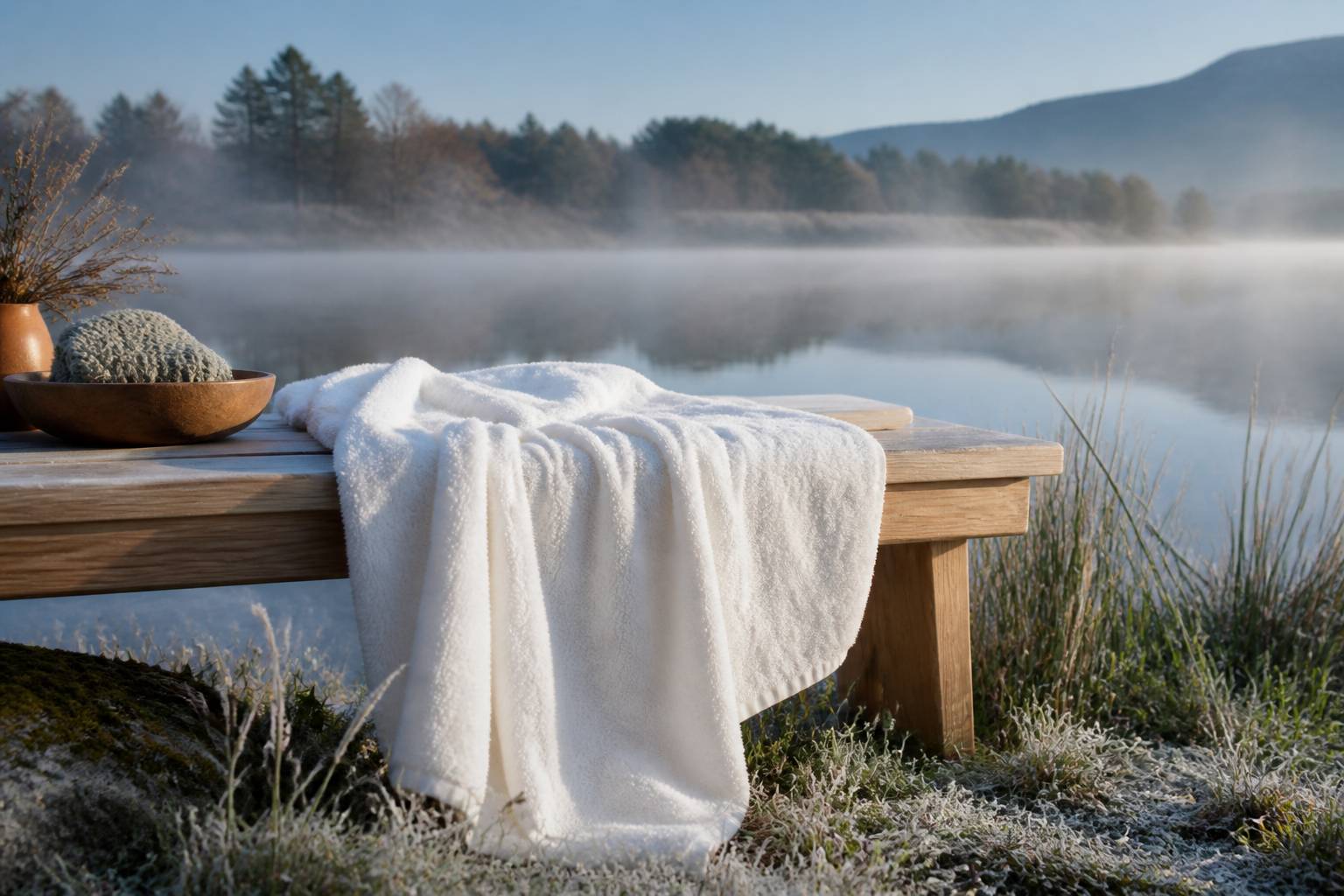 Serviette près d'un lac brumeux au petit matin évoquant le contraste froid