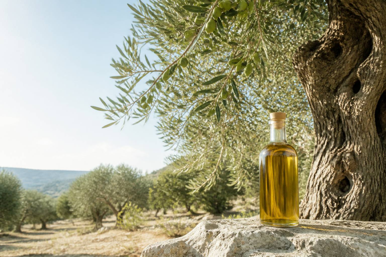 Bouteille en verre d'huile d'olive posée près d'un olivier centenaire dans un verger ensoleillé