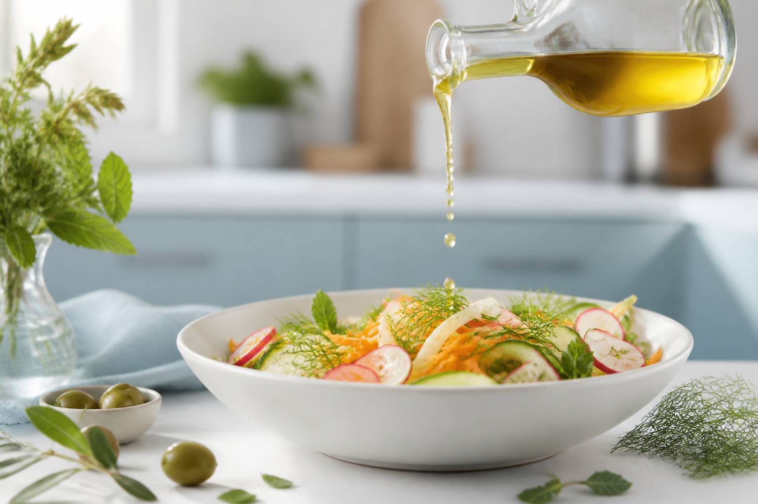 Filet d'huile d'olive versé sur une salade de crudités