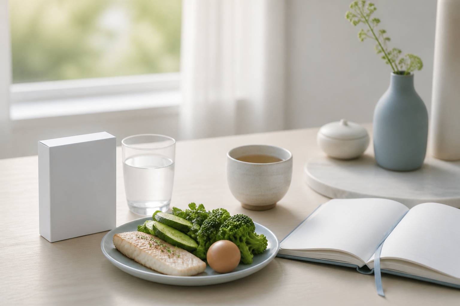 Boîte de médicament blanc avec verre d'eau et assiette de légumes verts