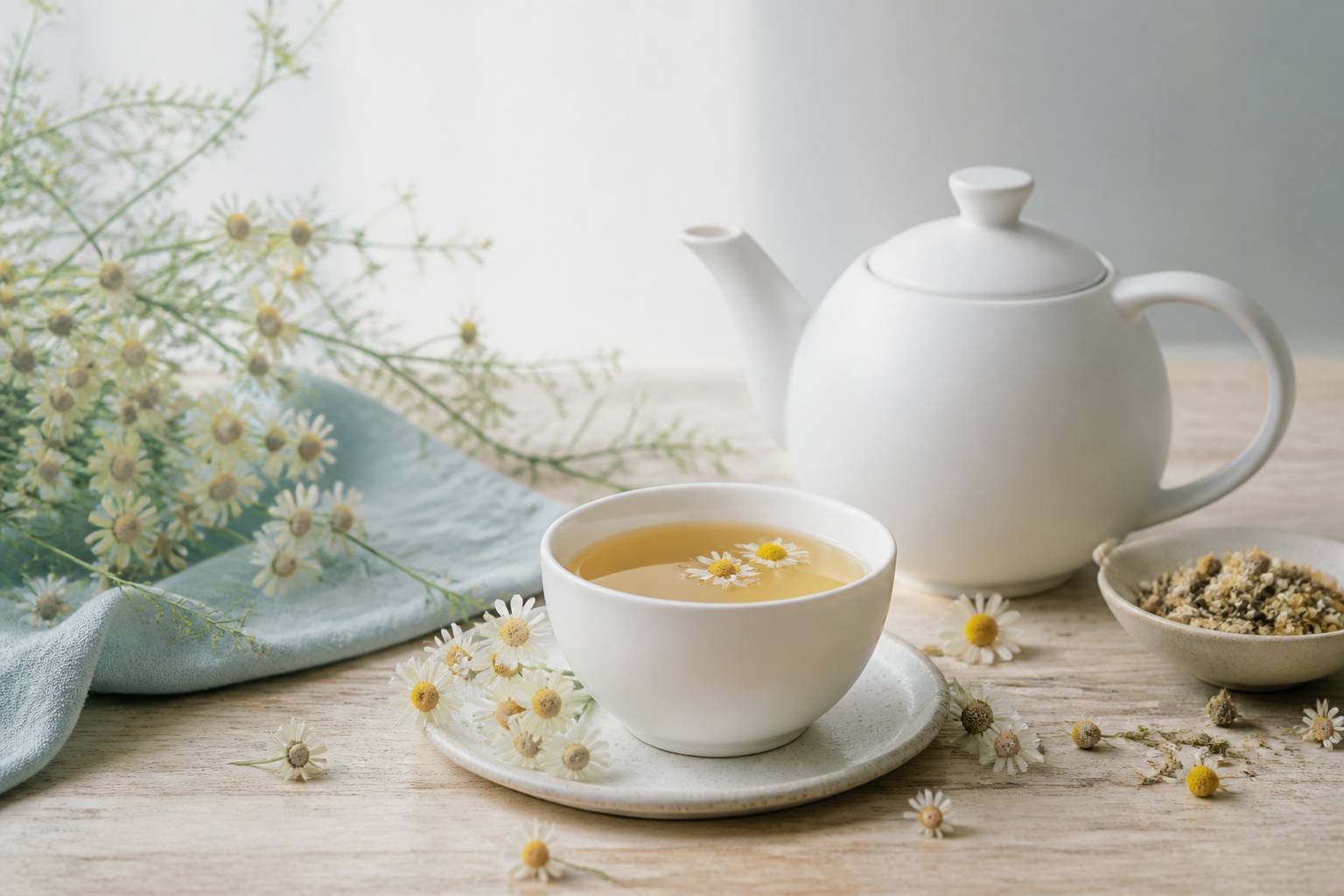 Théière blanche et tasse de camomille entourées de fleurs séchées