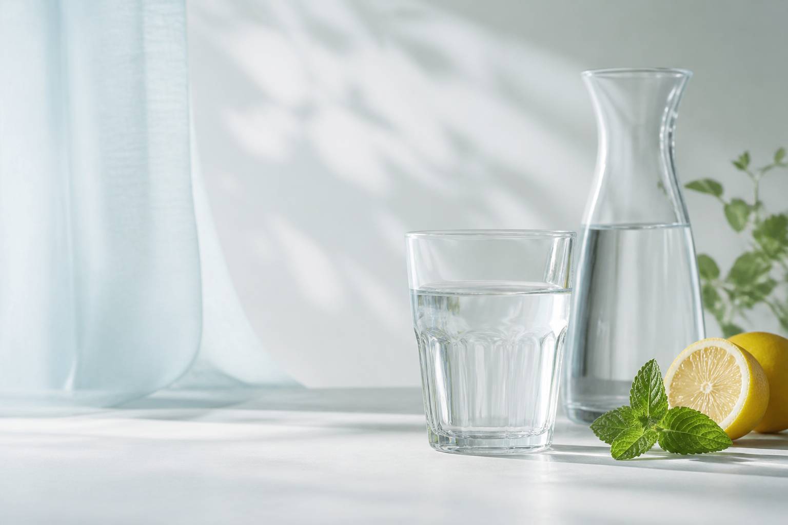 Grand verre d'eau avec carafe, citron et feuilles de menthe sur une table claire
