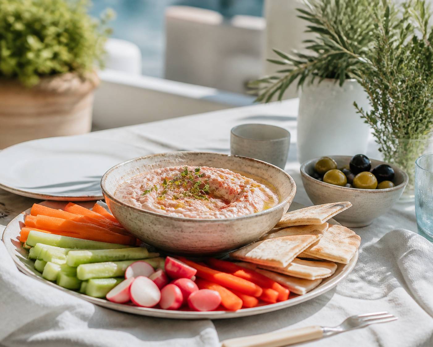 Bol de ktipiti a la feta accompagne de crudites, pain pita et olives en terrasse