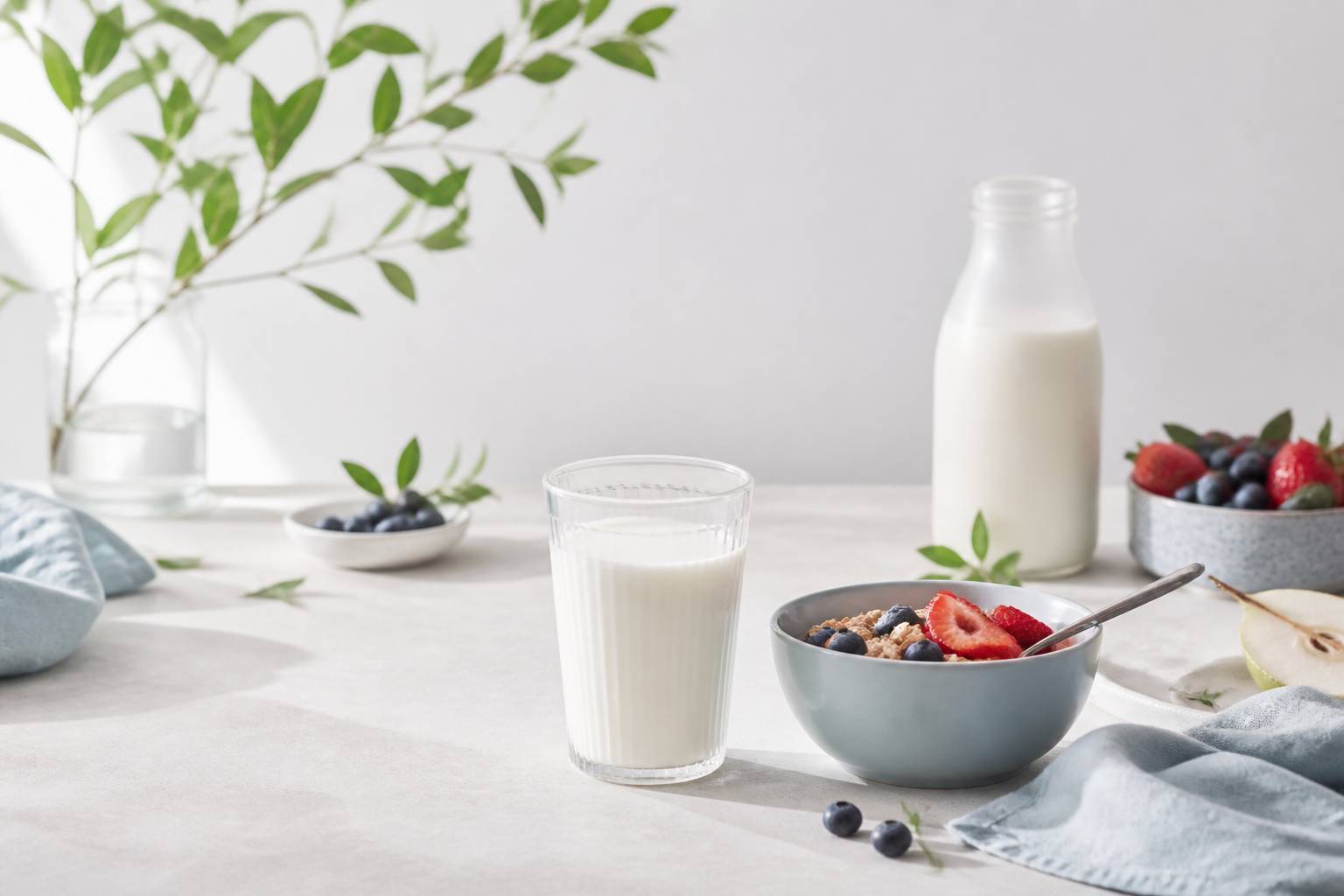 Verre de lait entier sur une table de petit-déjeuner