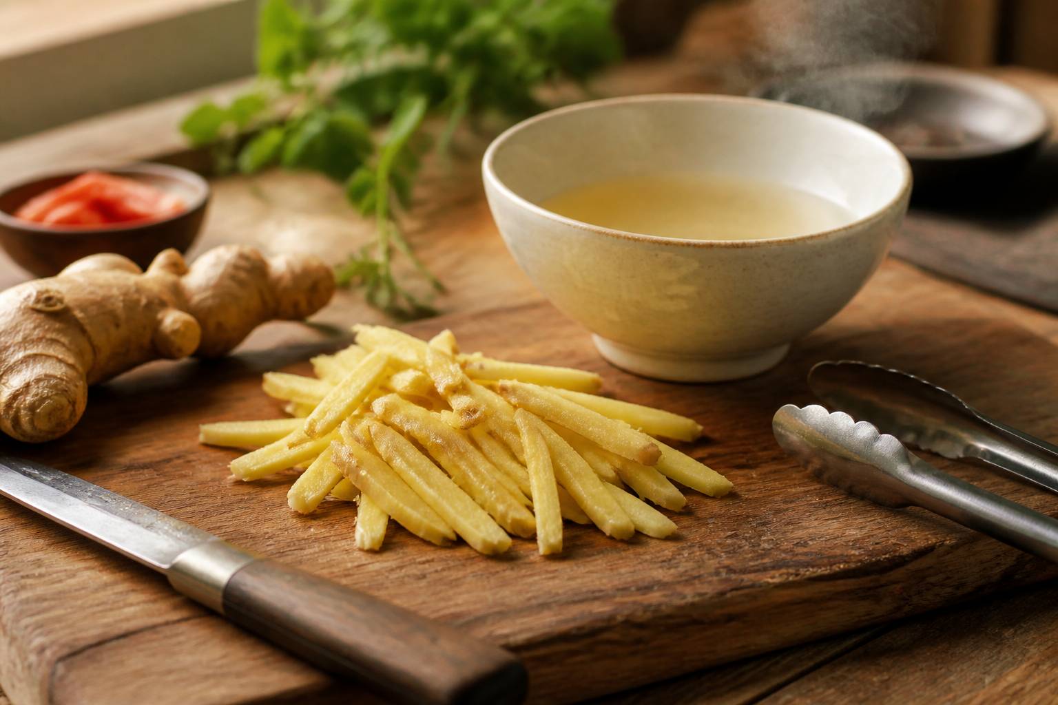 Lamelles de gingembre frais avec un bol de marinade au vinaigre de riz