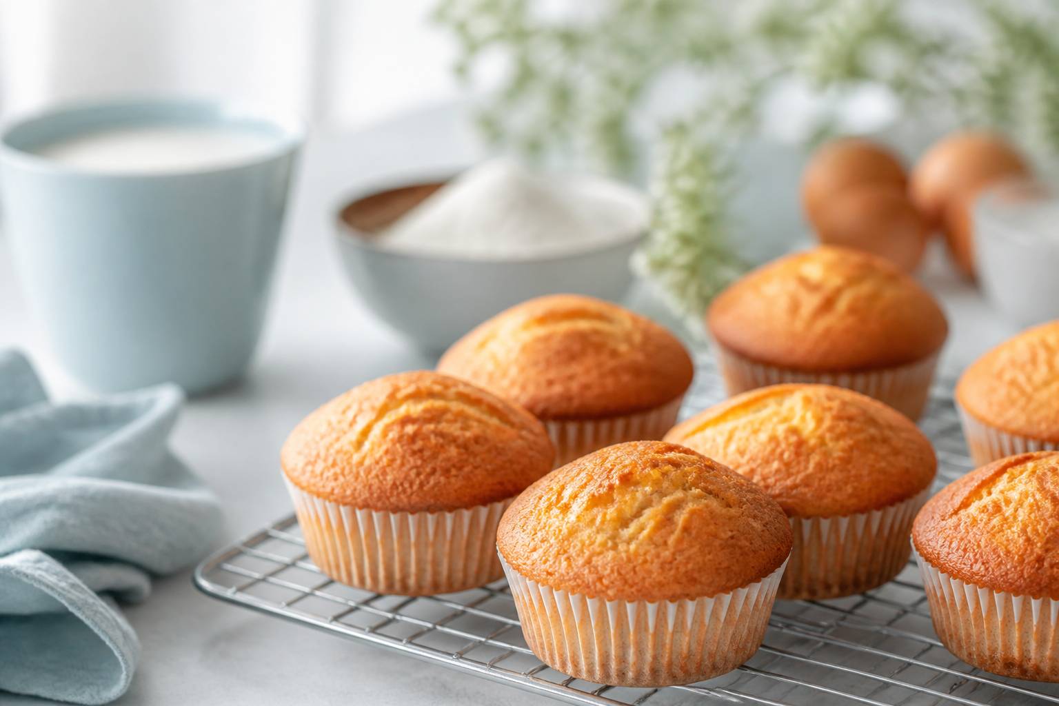 Muffins nature dorés sur une grille avec ingrédients
