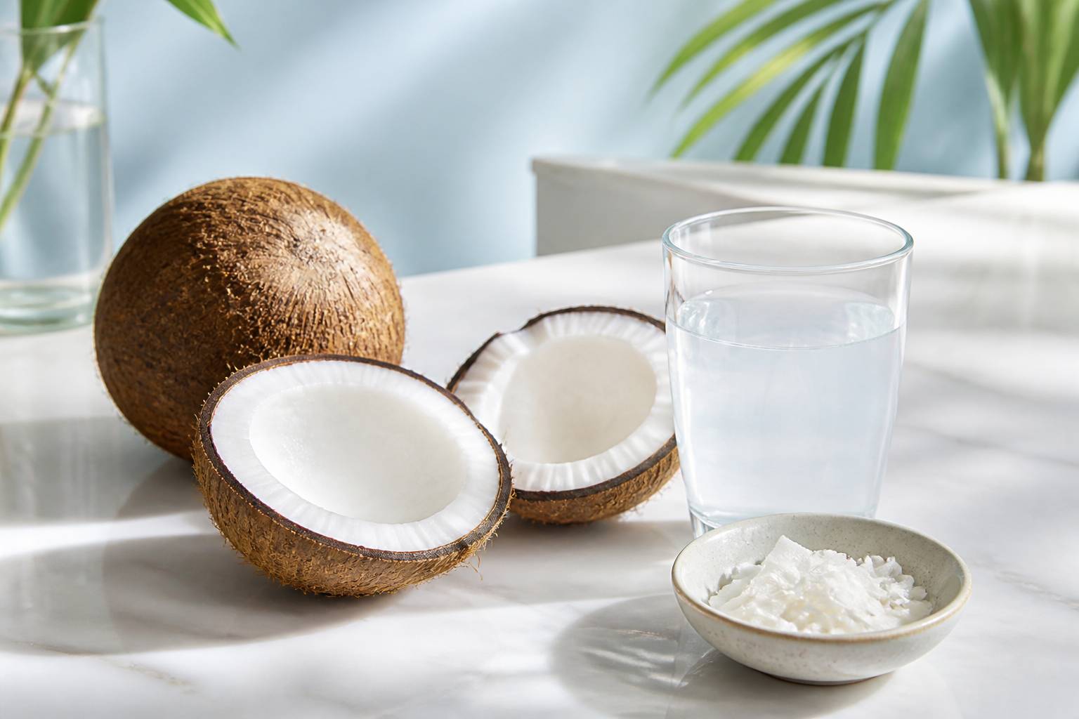 Noix de coco ouverte avec sa chair blanche et un verre d'eau de coco