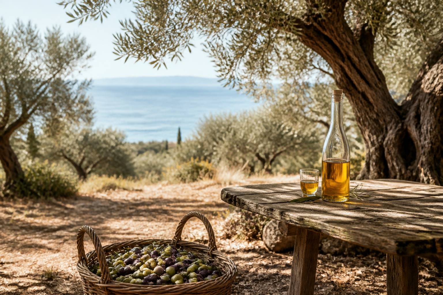 Oliveraie méditerranéenne avec panier d'olives et bouteille d'huile