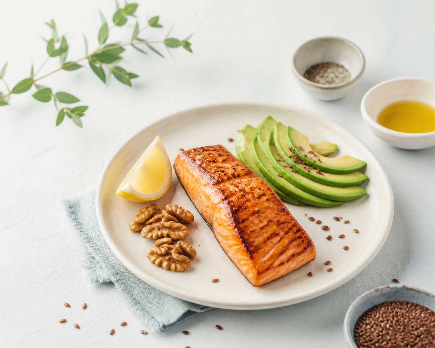 Assiette de saumon avec noix, graines et avocat sur fond clair