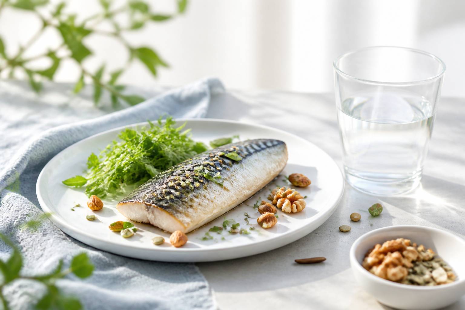Poisson gras avec noix et graines dans une assiette lumineuse