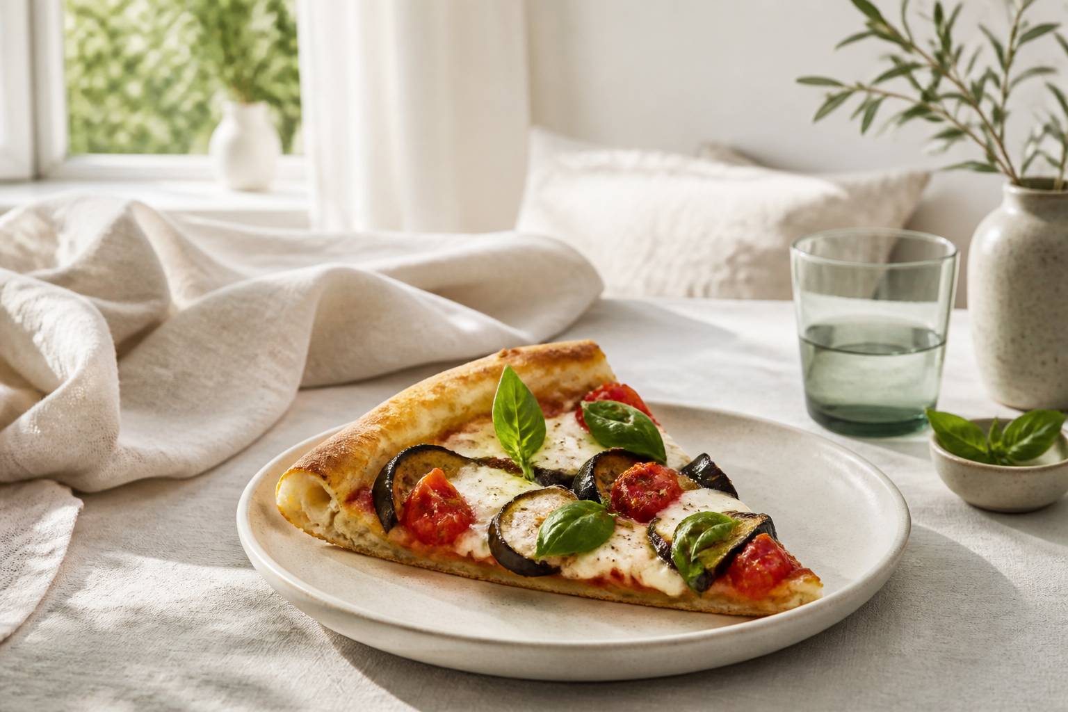 Part de pizza aux aubergines grillées, mozzarella et basilic dans une assiette